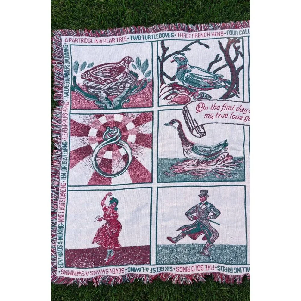 Vintage Twelve Days Of Christmas Woven Tapestry Fringe Throw Blanket